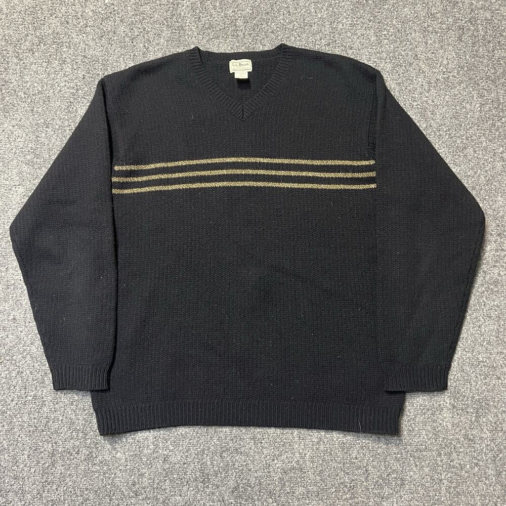 LL Bean Knit V Neck Sweater Mens L Lambs' Wool Grandpa Chunky Pullover Ribbed
